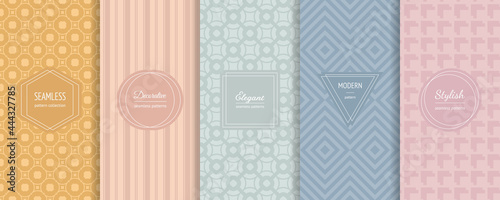 Abstract geometric seamless patterns collection. Vector set of trendy pastel backgrounds with elegant minimal labels. Subtle modern textures. Nude colors, soft blue, yellow, pink, powdery, mint green