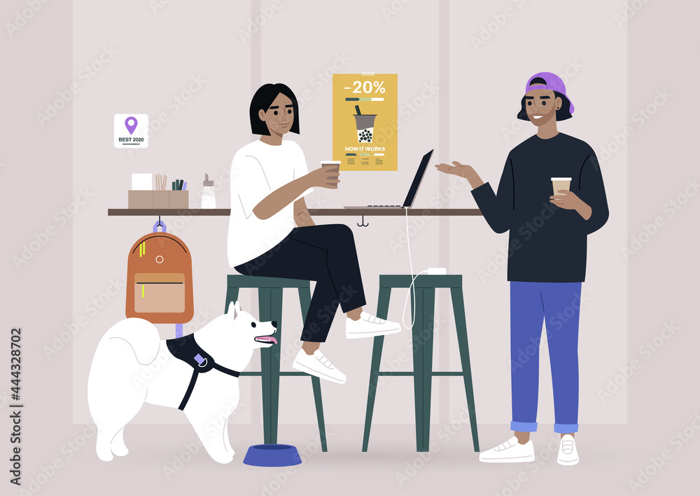 Two millennials chatting at the coffee shop bar counter, a dog-friendly place Two millennials chatting at the coffee shop bar counter, a dog-friendly place