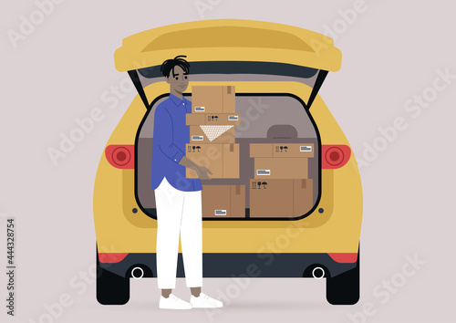 Young male Black character carrying cardboard boxes with personal belongings packed in them, a moving out scene
