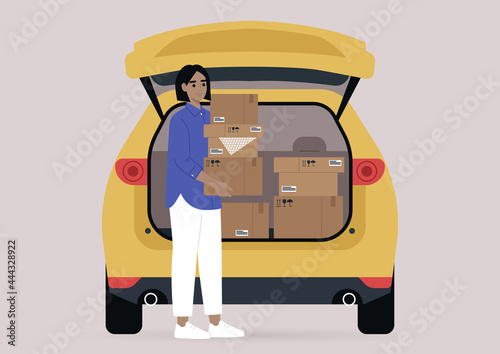 Young female character carrying cardboard boxes with personal belongings packed in them, a moving out scene