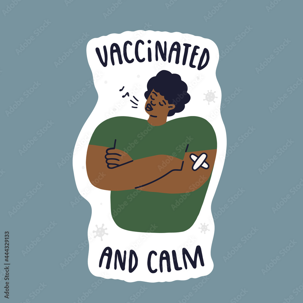 African American calm vaccinated man whistling a song. Afro man vaccinated with a plaster on his arm. Vector isolated fully editable illustration.