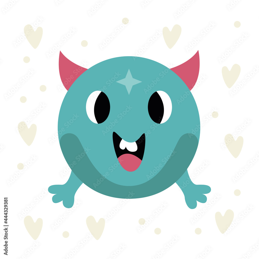 Happy Halloween. Round turquoise monster with horns, crooked teeth. Cute cartoon kawaii scary funny childish character. White background. Flat and vector illusion.