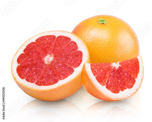 Ripe juicy sweet grapefruit and grapefruit slices isolated on white background. Fresh fruits.