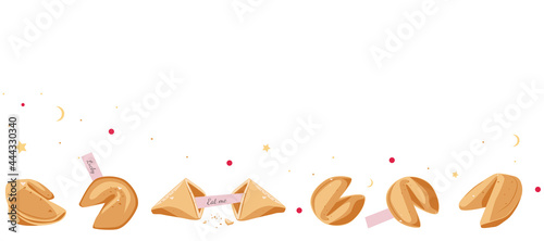 A set of delicious Chinese cookies with predictions laid out in a line with a place for the text. Vector cartoon illustration on a white background