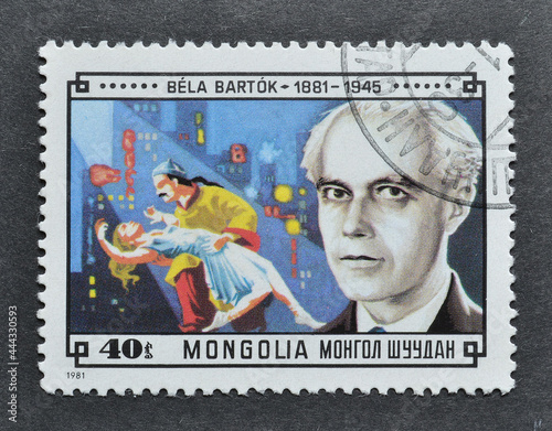 Cancelled postage stamp printed by Mongolia, that shows Bela Bartok, circa 1981. photo