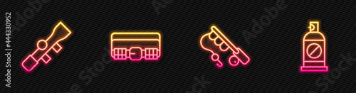 Set line Fishing rod, Sniper optical sight, Hunting cartridge belt and Spray against insects. Glowing neon icon. Vector