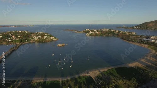 Visão aérea da Praia do canto e Ilha do Frade em Vitória.  Barcos e veleiros na praia, área arborizada e praia. Região Metropolitana de vitória photo