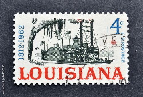Canvas Print Cancelled postage stamp printed by USA, that shows Steam Ship , circa 1962