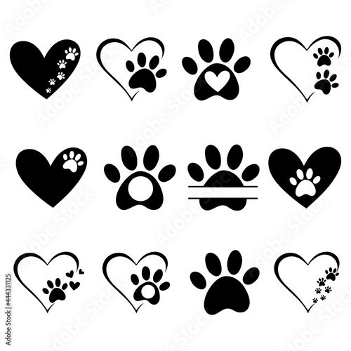 Hearts with the paws of dogs and cats. Paws prints dog. Love dogs. Animal love symbol paw print with heart. Line vector illustration.  Isolated on white background.