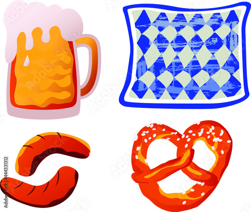 tradition bavarian food .beer,sausages and pretzel .vector illustration for oktoberfest