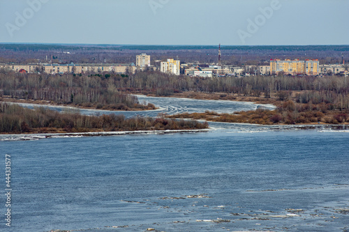 ice floats on the Volga River in spring
