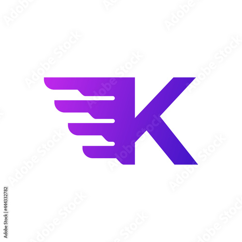 Fast Shipping Initial Letter K Delivery Logo. Purple Gradient Shape with Geometric Wings Combination.