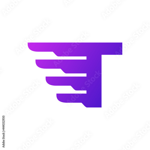 Fast Shipping Initial Letter T Delivery Logo. Purple Gradient Shape with Geometric Wings Combination.