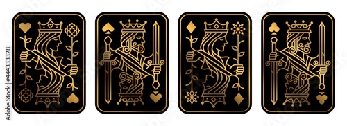 premium golden King and queen playing card deck vector illustration set of hearts, Spade, Diamond and Club, Royal cards design collection