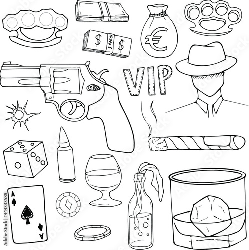 hand drawn illustration of a set of mafia. Outline whiskey,bourbon. Sketch molotov cocktail. logo design, money.Set business and criminal 