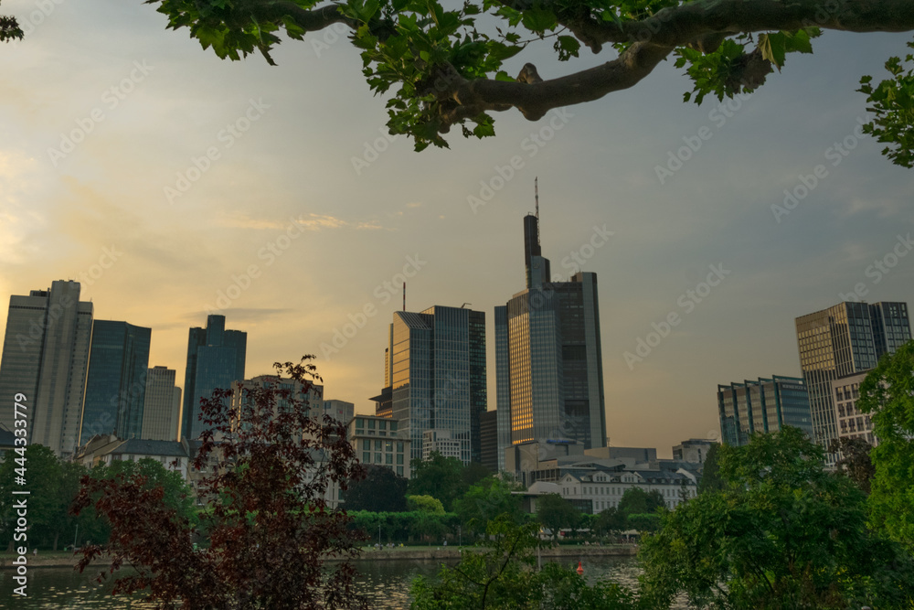 Nowoczesna część Frankfurtu o zachodzie słońca - obrazy, fototapety, plakaty 