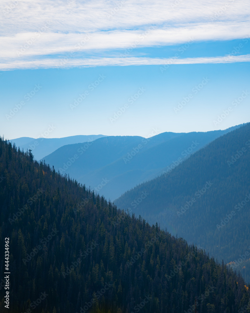 multiple mountain landscapes within layers during a sunny day