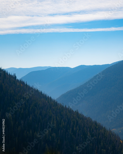 multiple mountain landscapes within layers during a sunny day