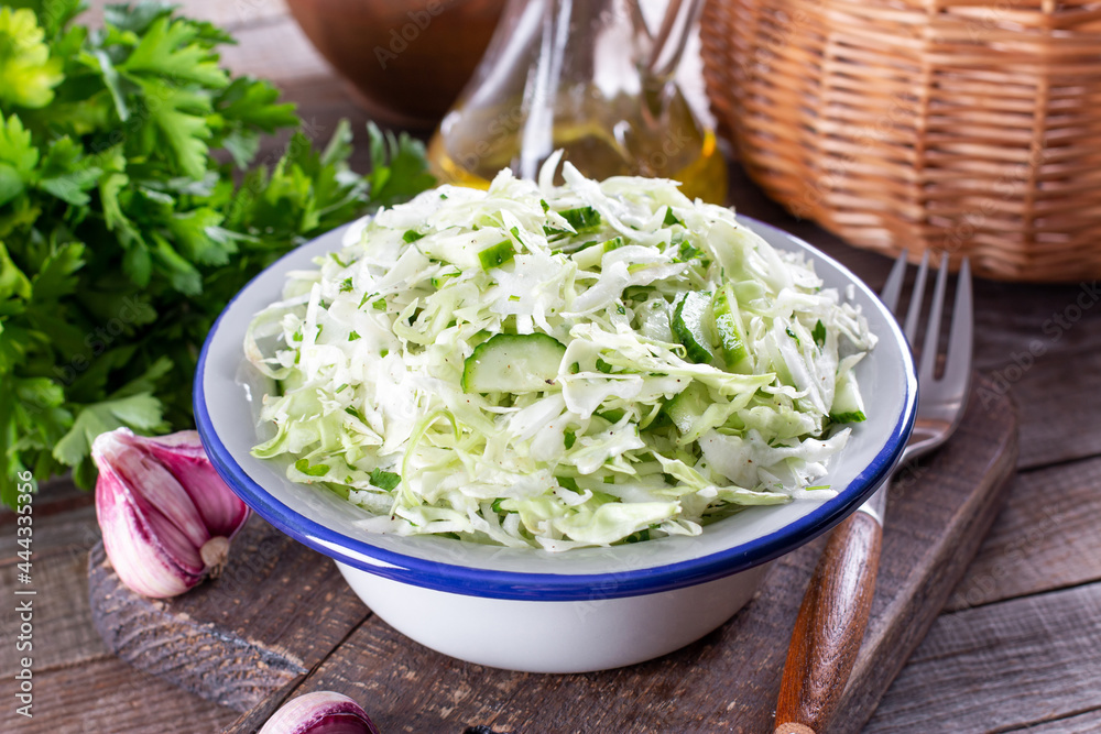 Healthy cabbage salad with cucumber, green onion and parsley on a plate Healthy cabbage salad with cucumber, green onion and parsley on a plate