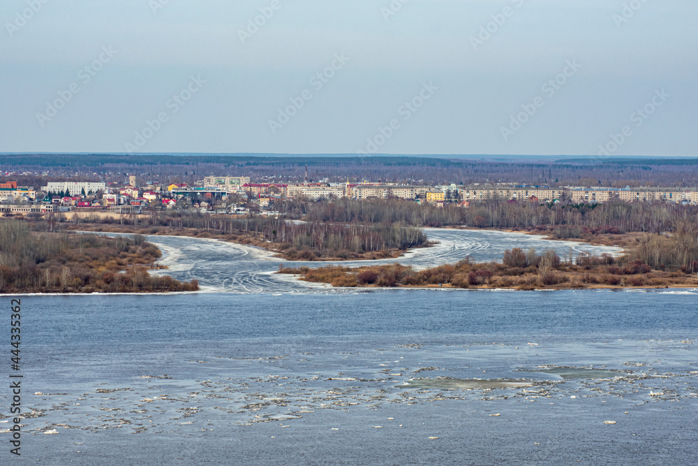ice floats on the Volga River in spring
