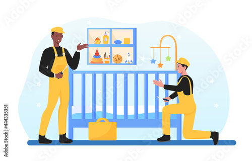 Young smiling handymen are installing child cot in bedroom. Two men in overalls are assembling child parts together. Concept of furniture and childbirth. Flat cartoon vector illustration