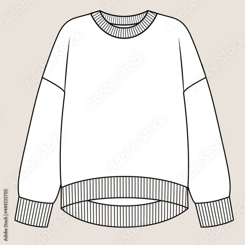 Ribbed Sweater technical fashion illustration long sleeves, oversized.
