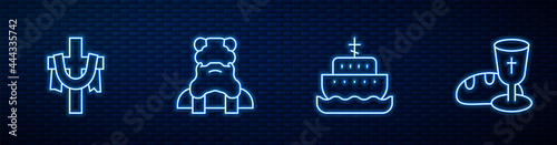 Set line Ark of noah, Christian cross, Priest and Goblet and bread. Glowing neon icon on brick wall. Vector