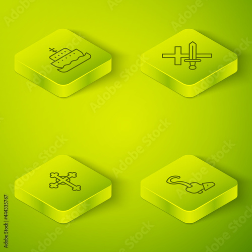 Set Isometric line Crusade, Christian cross, Magic staff and Ark of noah icon. Vector
