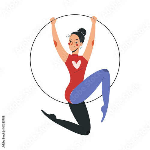 Smiling female acrobat in colorful costume working in circus. Concept of circus characters doing tricks and stunts for children, adults. Positive acrobat with hoop. Flat cartoon vector illustration