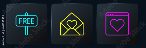 Set line Free sign, Dating app online and Envelope with Valentine heart. Black square button. Vector