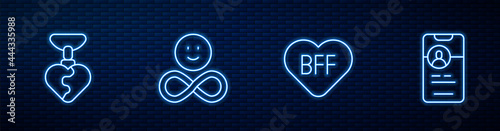 Set line BFF or best friends forever, Necklace with heart shaped, Friends and Dating app online. Glowing neon icon on brick wall. Vector