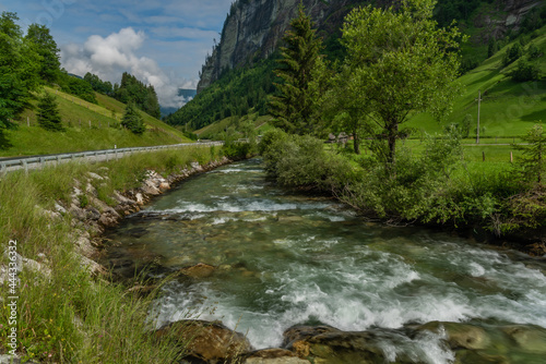 Grossarler Ache river in sunny cloudy morning in Austria