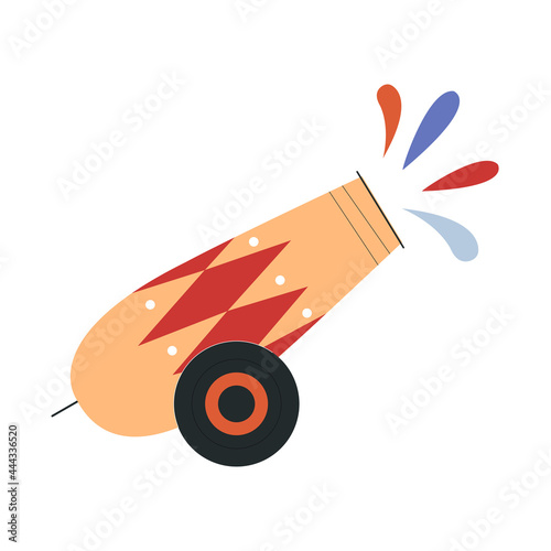 Cute circus cannon firing colorful paint. Concept of circus characters and equipment doing tricks and stunts for children, adults. Cannon firing. Flat cartoon vector illustration
