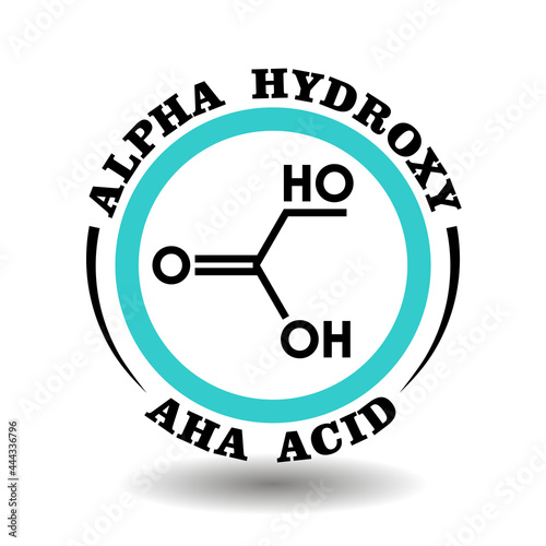 Circle vector icon Alpha Hydroxy Acid with chemical formula of AHA symbol for packaging signs of exfoliant scrub cosmetics, tags of skin peelable products with natural organic fruit acids ingredient
