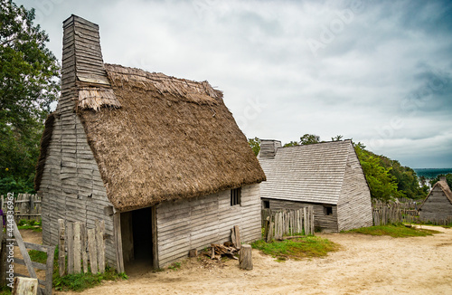 Fototapeta Old buildings in Plimoth plantation at Plymouth, MA
