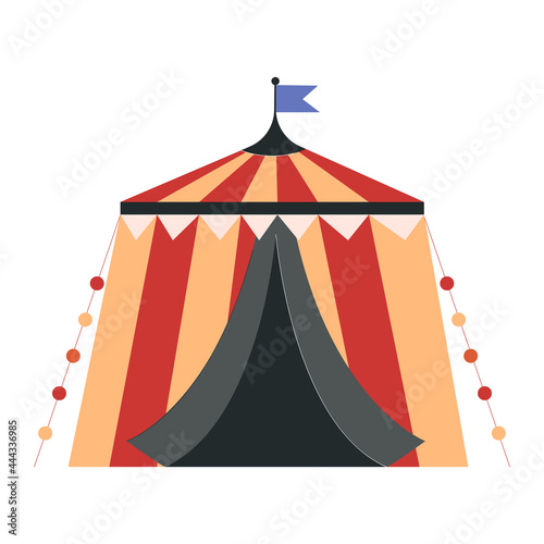 Cute colorful circus tent on white background. Concept of circus characters and equipment doing tricks and stunts for children, adults. Circus tent entrance. Flat cartoon vector illustration