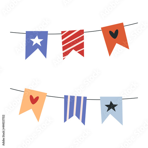 Cute colorful circus tent on white background. Concept of circus characters and equipment doing tricks and stunts for children, adults. Circus flags. Flat cartoon vector illustration