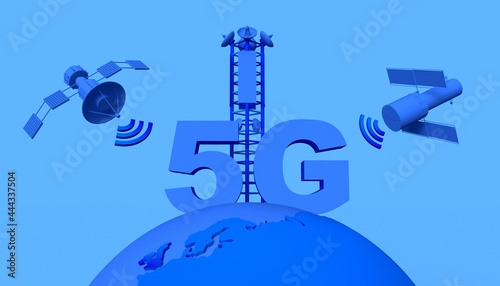 Wallpaper Mural Network concept. 5G text on top of the world ball with an antenna and satellites. 3D illustration. Background. Torontodigital.ca