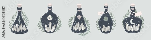 Magic blue flat graphic bottles with esoteric symbols, leaves, crystals. Witchcraft set. Vector illusrtation on light background. 