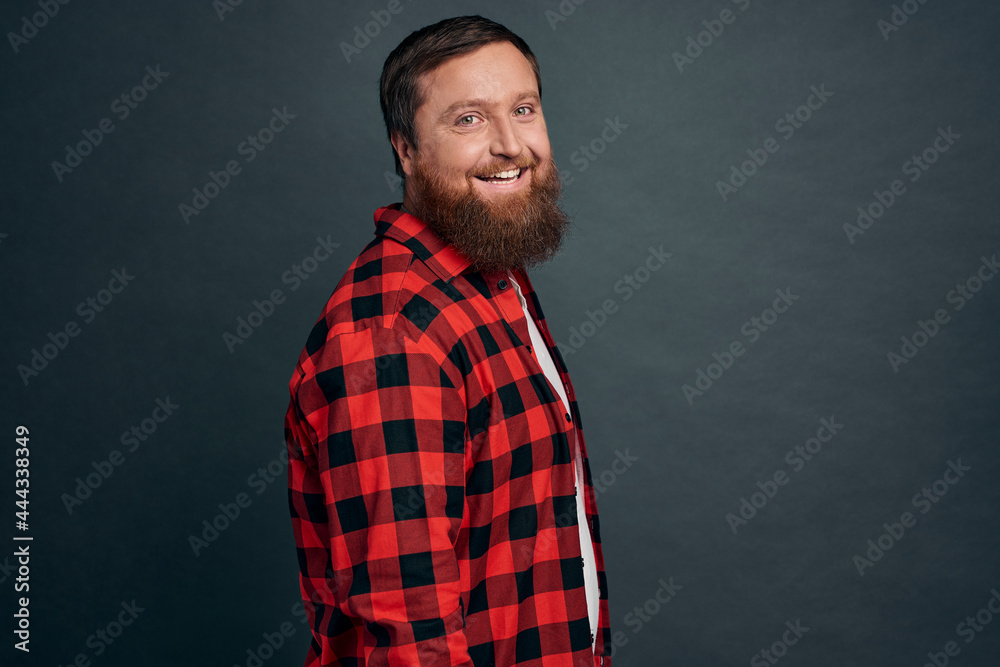 Good-looking modern hipster guy with beard in red checkered shirt, standing half-turned with spaced-out casual expression, looking at camera, posing grey background no emotions, urban people concept. Good-looking modern hipster guy with beard in red checkered shirt, standing half-turned with spaced-out casual expression, looking at camera, posing grey background no emotions, urban people concept.