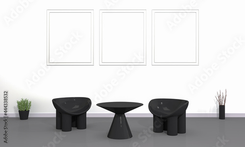 Black white room and frame for mockup, 3D rendering