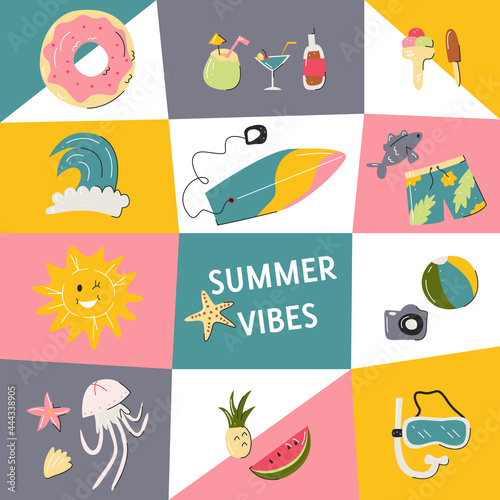 Design summer vibes party poster colorful template with vacation symbols. Usable for a post on social networks, flyer, invitation, website banner, greeting card, book cover. Vector flat illustration