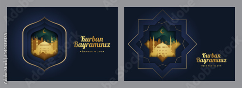 Premium Design for Feast of the Sacrif (Eid al-Adha Mubarak) Feast of the Sacrifice Greeting (Turkish: Kurban Bayraminiz Mubarek Olsun) Holy days of muslim community. Islamic decorative background.