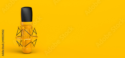 Microphone on yellow background. Banner for podcast or advertisement. 3d illustration. Copy space.