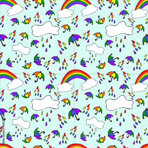 Hand drawn seamless pattern with color rain and umbrella for gif cards, wallpaper, notebook, fabric, scrapbook. Doodle style, rainbow colors.