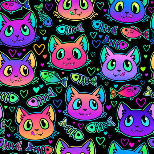 seamless illustration of cute bright cat heads and fish