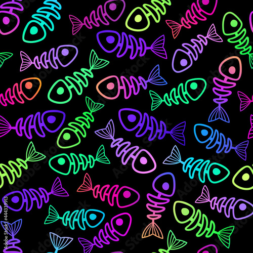 seamless pattern of multicolored neon fish skeletons