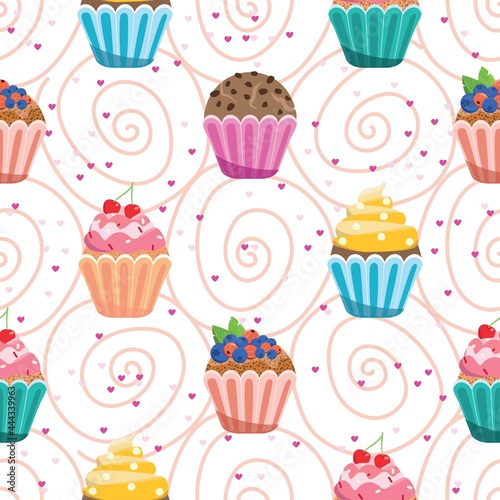 cupcakes pattern. Vector illustration.Seamless of cupcake with cherry on pink background.