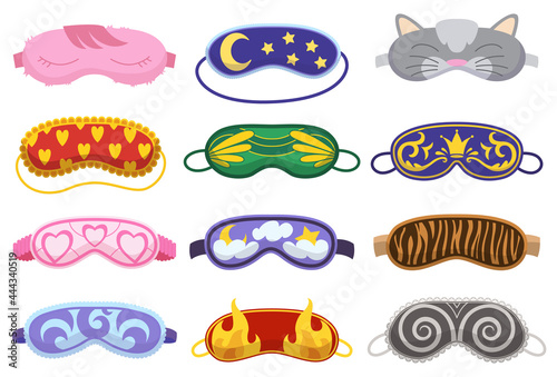 Sleep masks different shapes. Eye protection accessories and prevention of healthy sleep. Blindfold symbols in cartoon style. Design elements collection