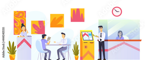 Bank office interior design. Modern financial center with customer, assistant offering personal and business help for clients, inside room view. Banking service, finance manager and client